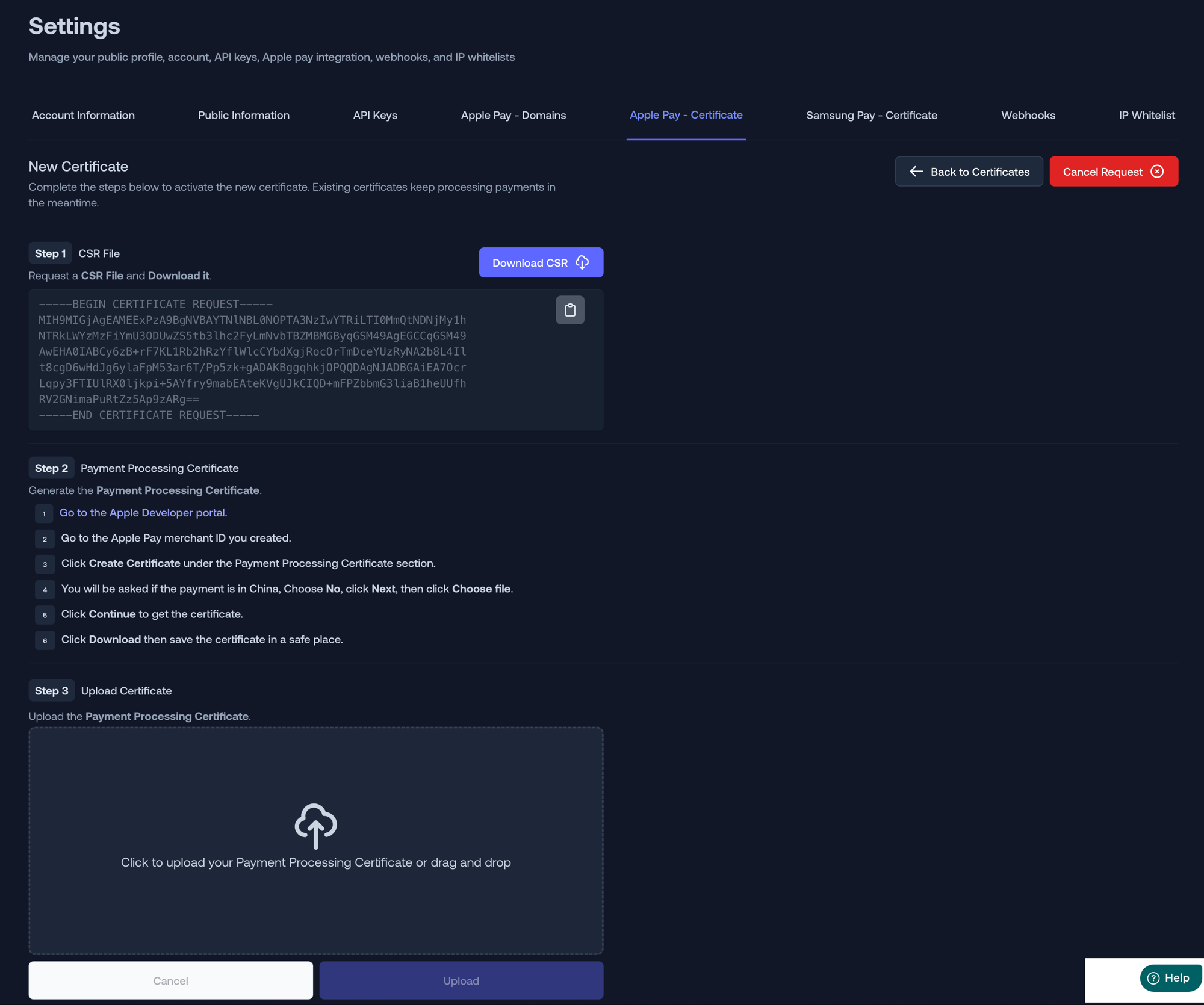New Certificate steps in the Moyasar dashboard
