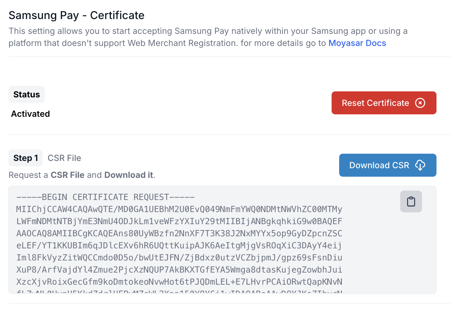 Moyasar Dashboard, Settings, Samsung Pay Certificate